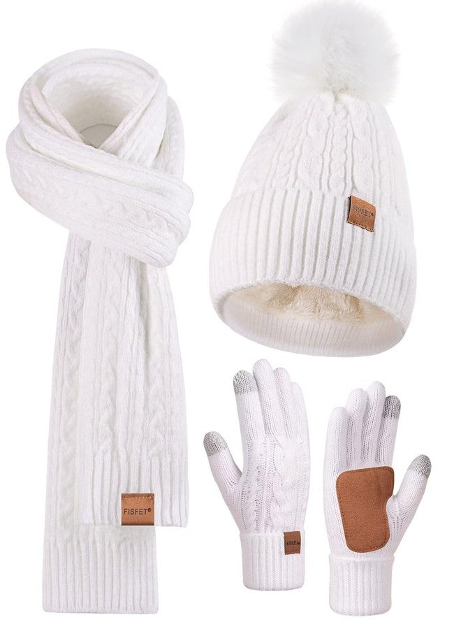 FISFET Winter Beanie Hat Scarf Gloves Set for Women, Pom Pom Beanie with Fleece Lined Long Knit Neck Warmer Fingers Touchscreen Gloves, Fashionable Cute Warm 3 in 1 Gift Set for Cold Weather(White) - Image 1